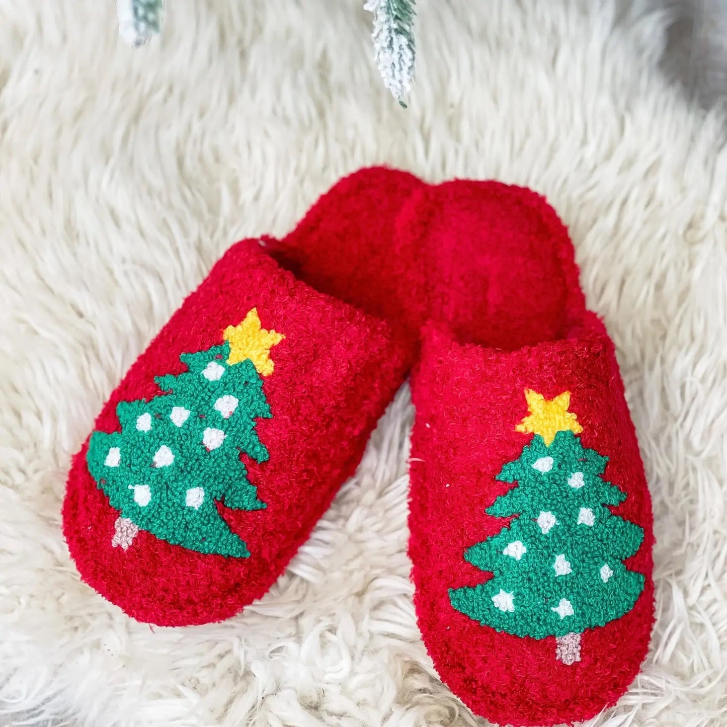 Christmas Tree Fuzzy Slippers - Red