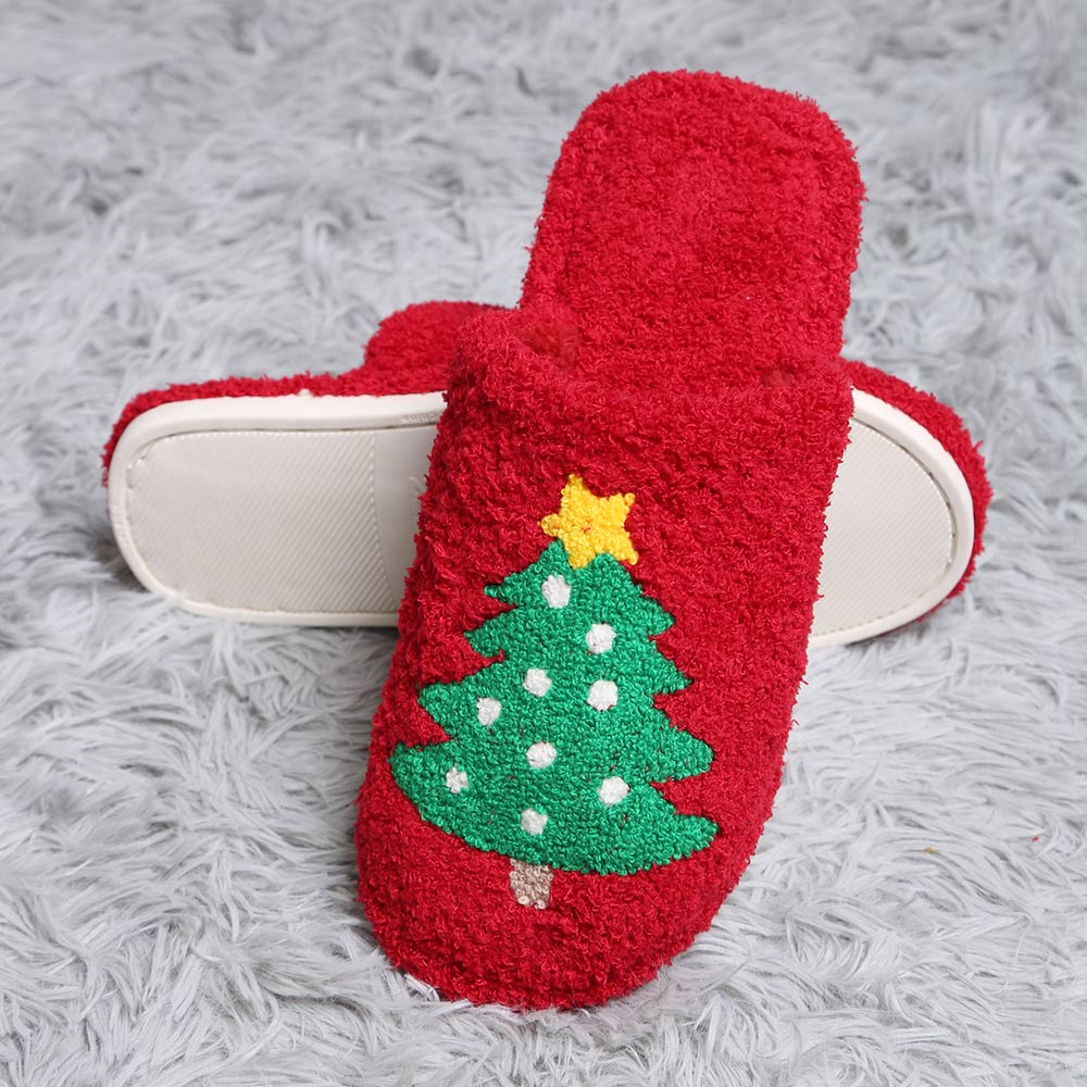 Christmas Tree Fuzzy Slippers - Red