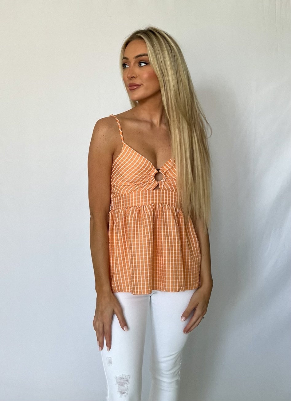 Orange Plaid Smocked Back Top