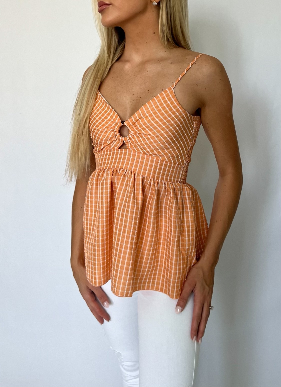 Orange Plaid Smocked Back Top