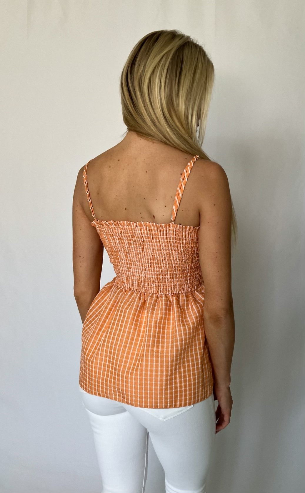 Orange Plaid Smocked Back Top
