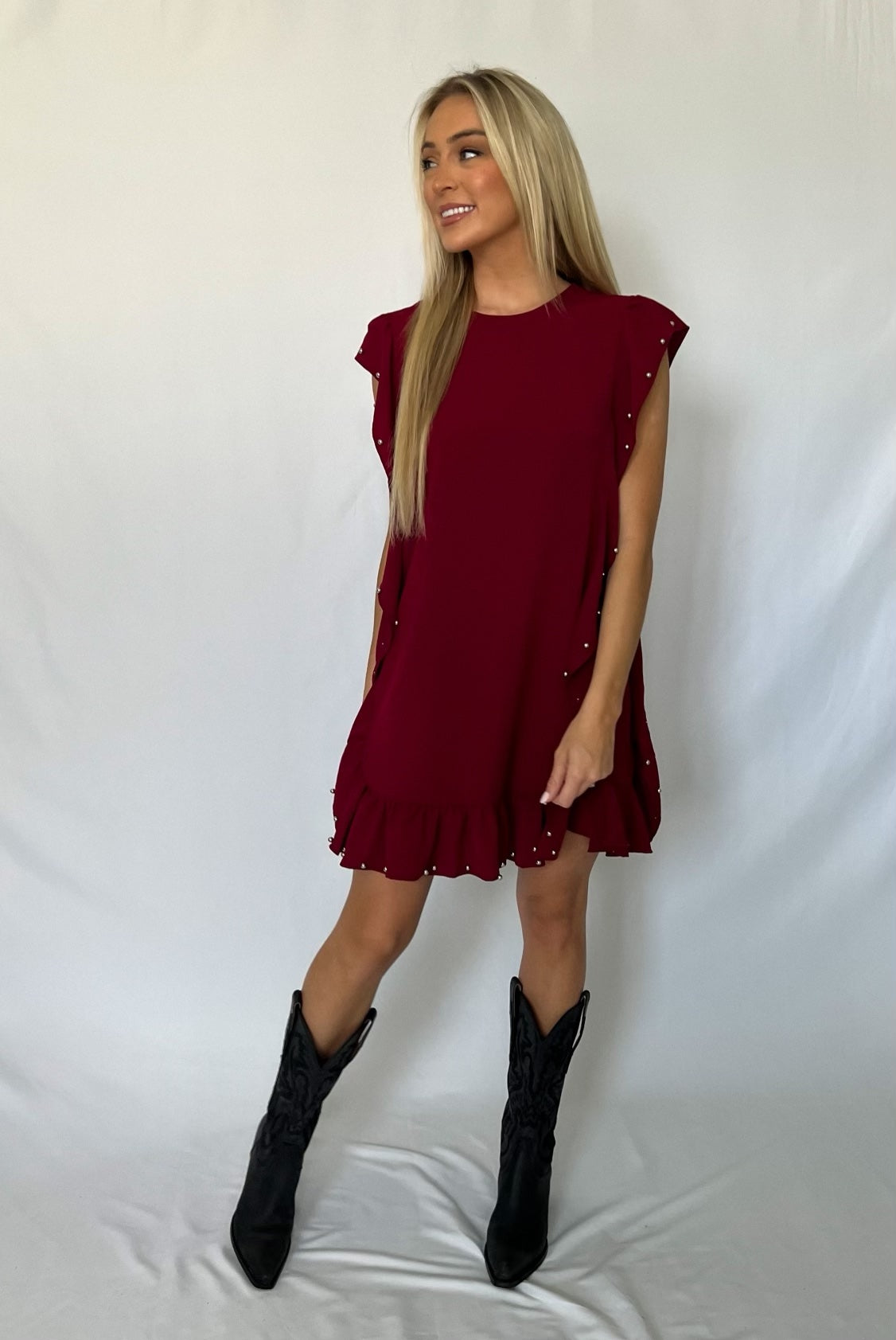 Burgundy Ruffle Embellished Dress