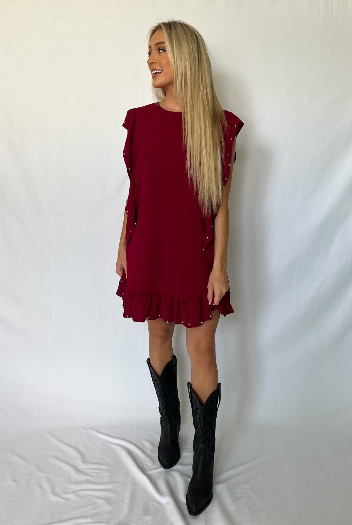 Burgundy Ruffle Embellished Dress