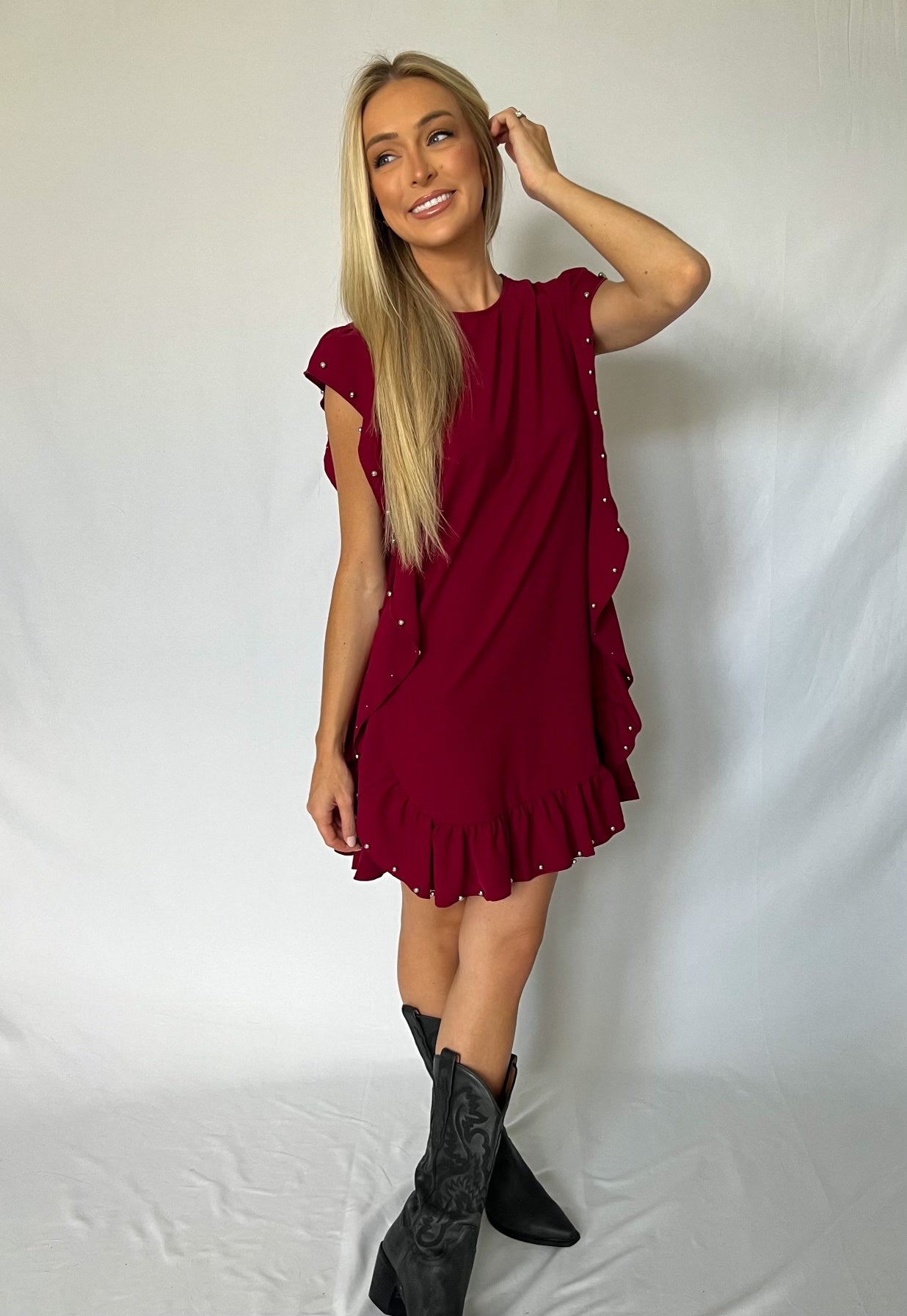 Burgundy Ruffle Embellished Dress