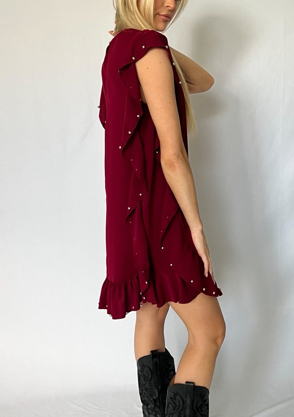 Burgundy Ruffle Embellished Dress