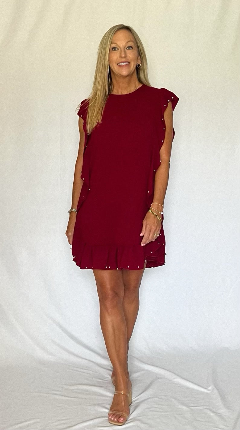 Burgundy Ruffle Embellished Dress
