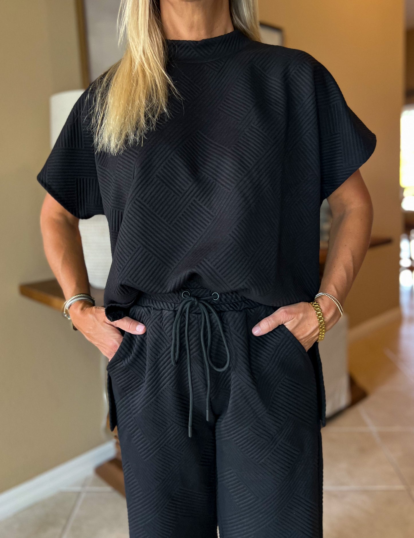 Black Textured Top and Wide Leg Pant SET