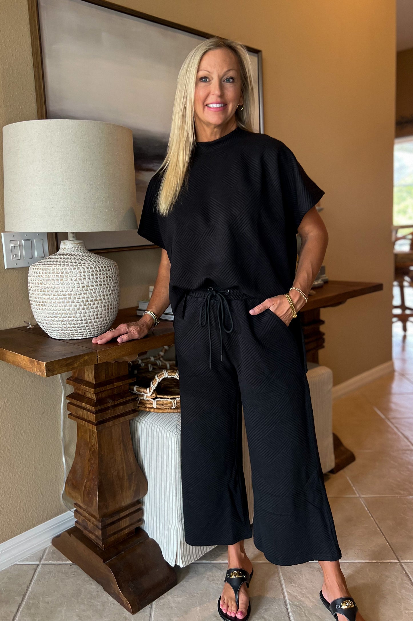 Black Textured Top and Wide Leg Pant SET