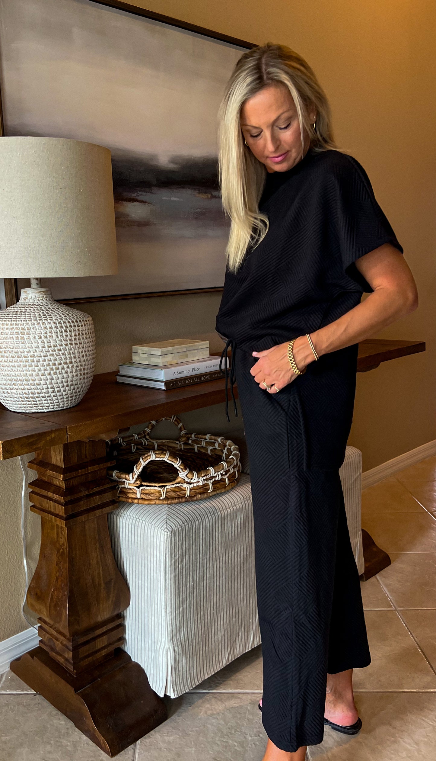 Black Textured Top and Wide Leg Pant SET