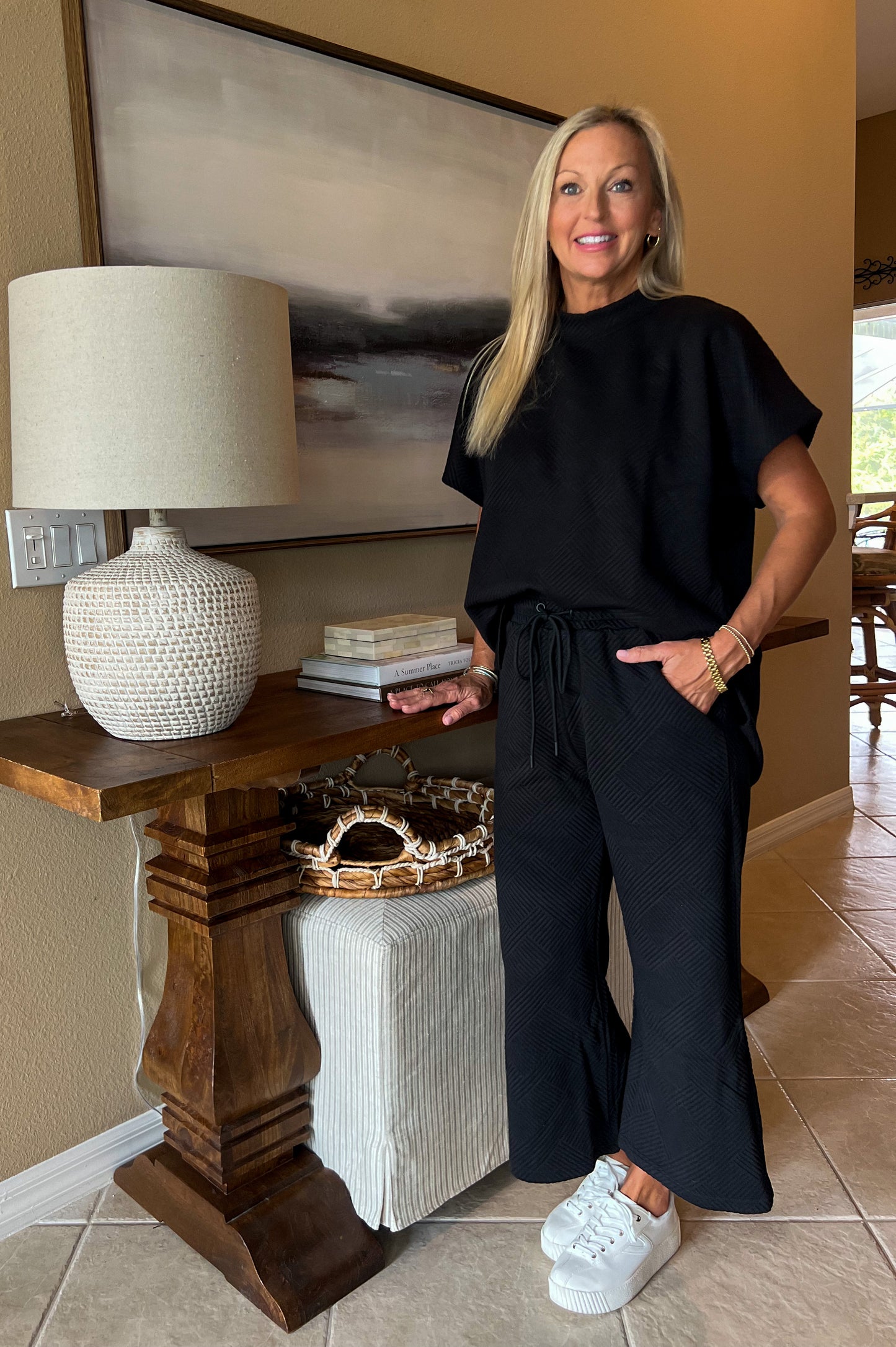 Black Textured Top and Wide Leg Pant SET