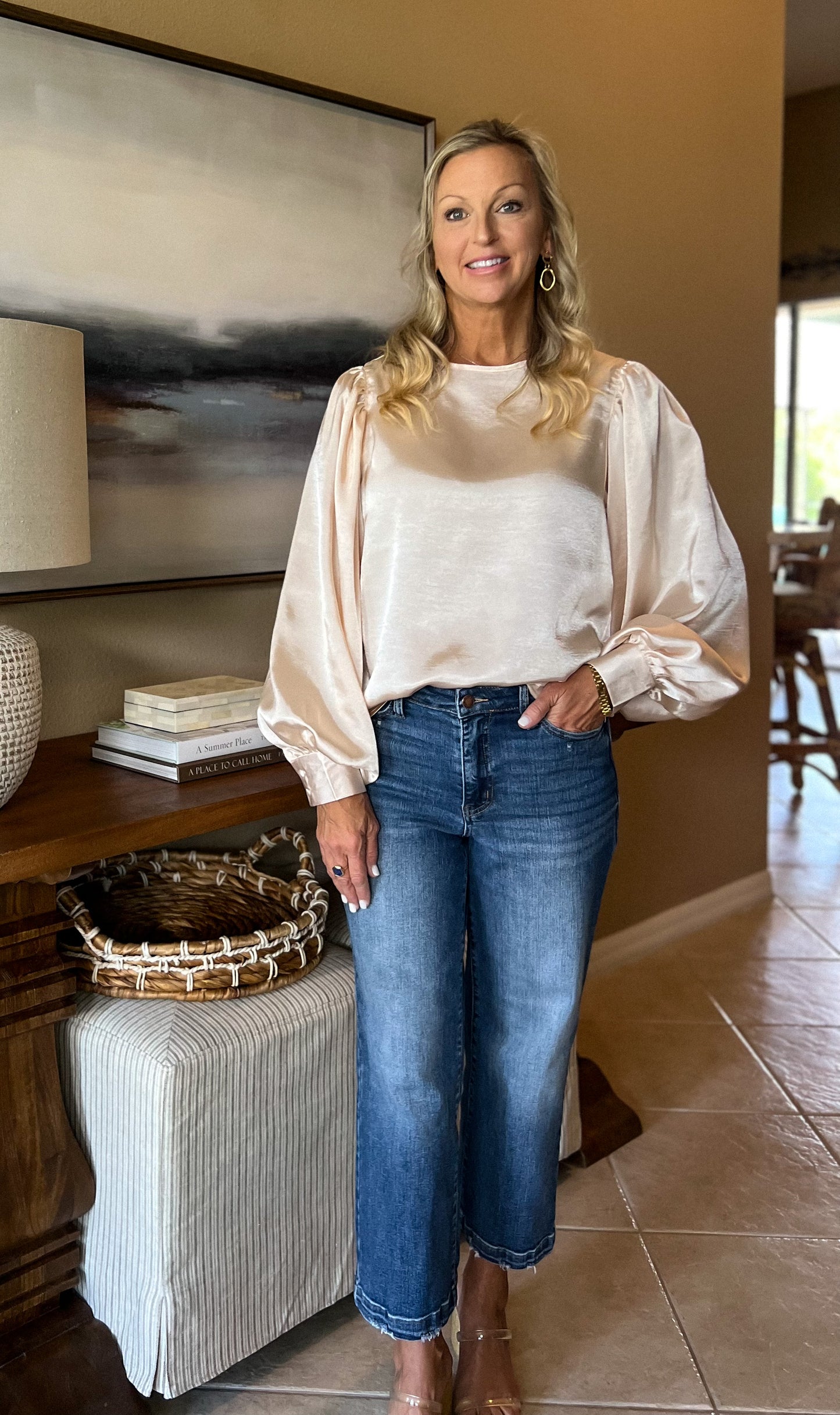 Long Sleeve Satin Top - Champagne