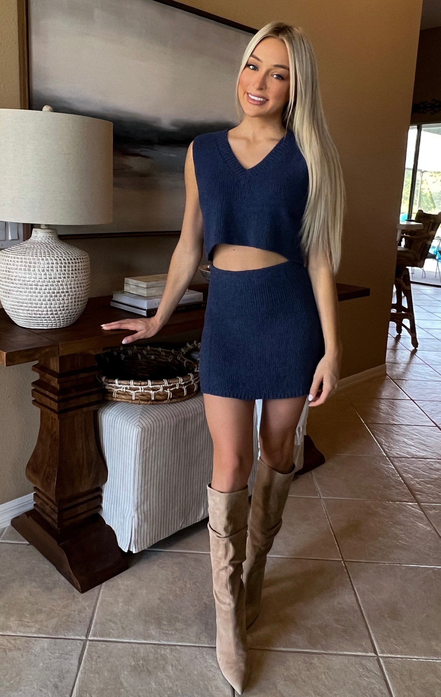Navy Cropped Top and Mini Skirt Sweater Set