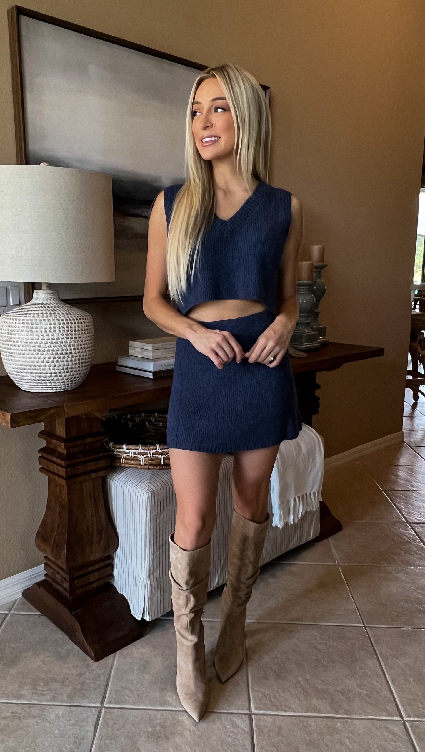 Navy Cropped Top and Mini Skirt Sweater Set