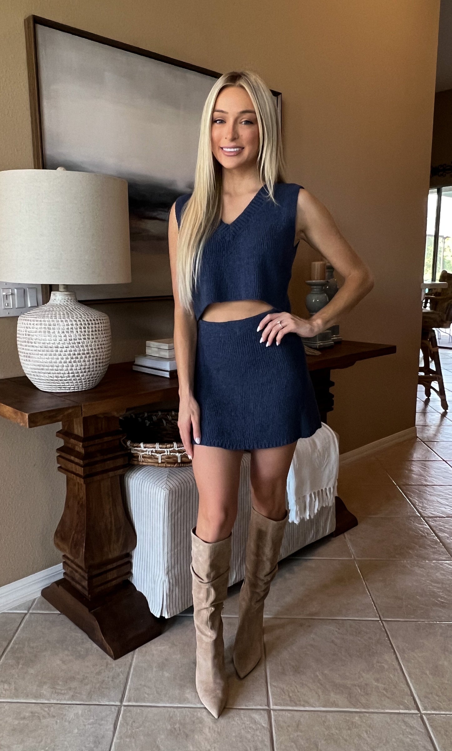 Navy Cropped Top and Mini Skirt Sweater Set