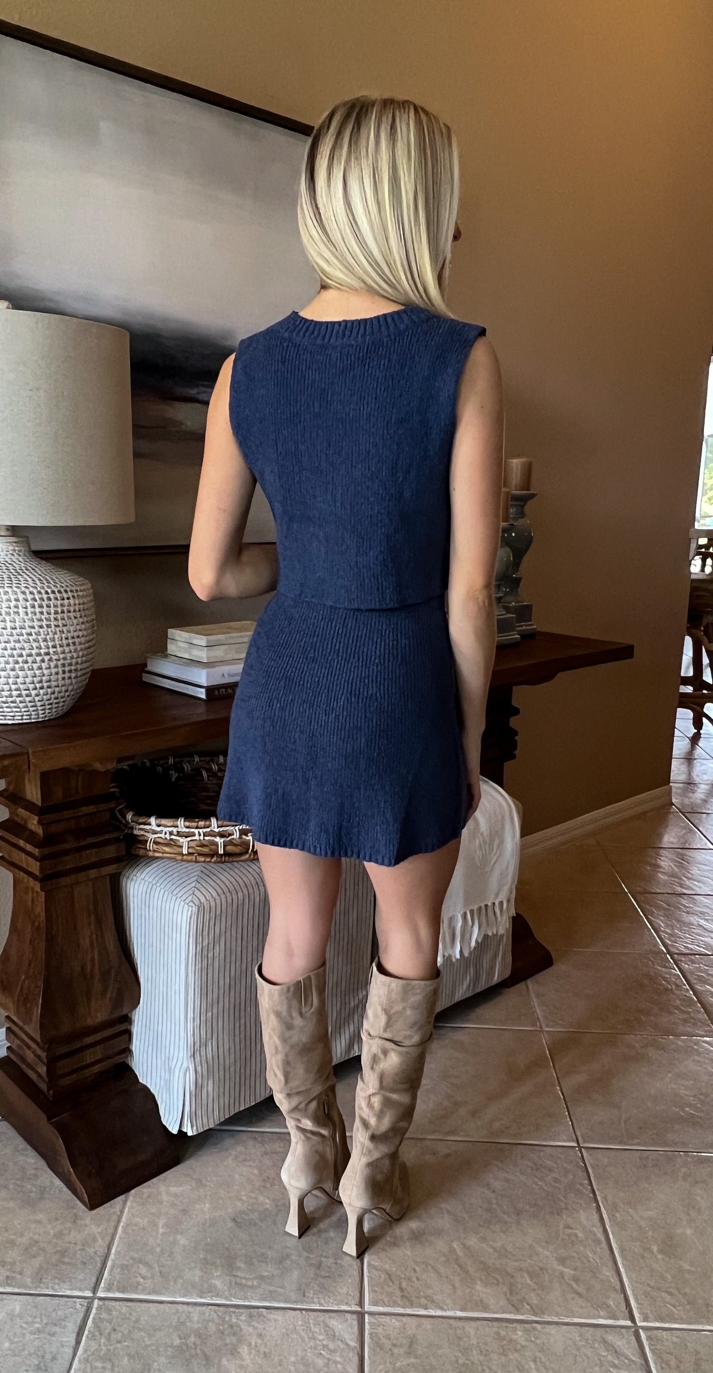 Navy Cropped Top and Mini Skirt Sweater Set