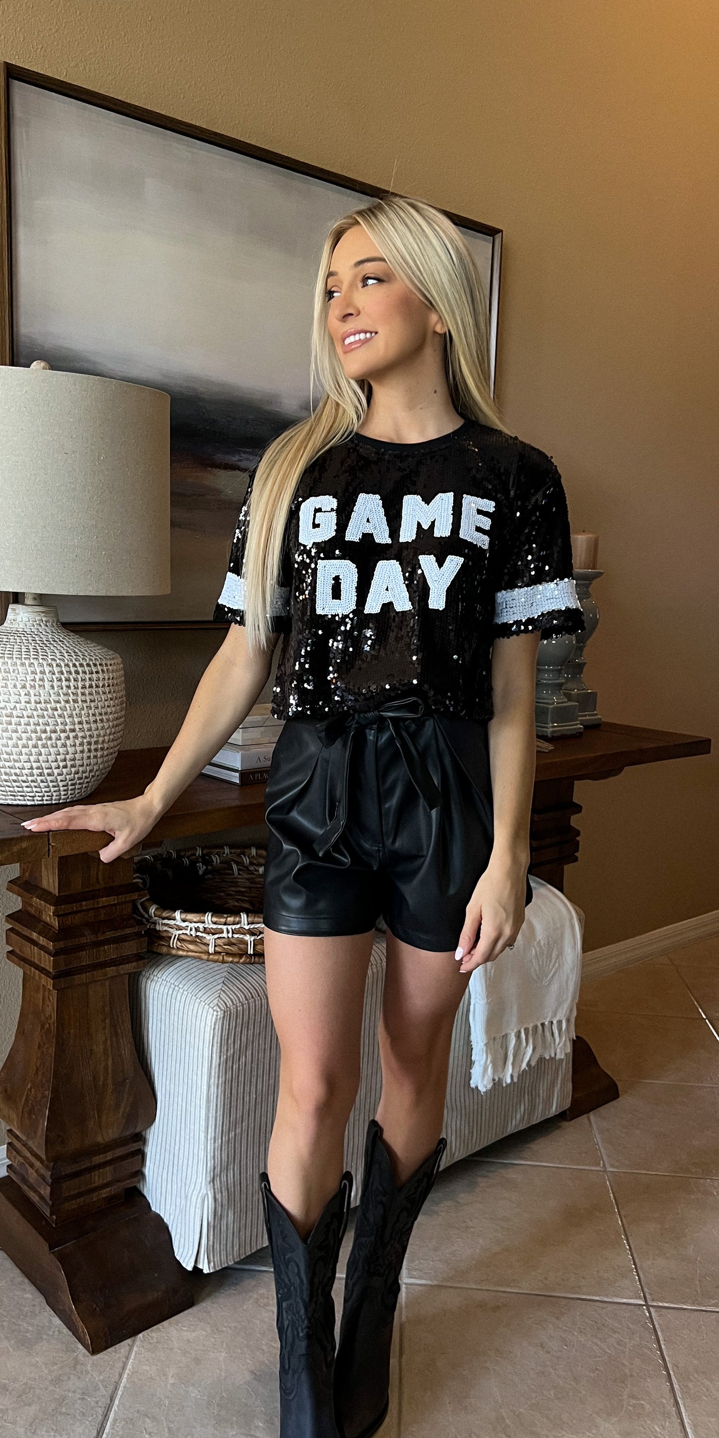 Black Sequin Game Day Top