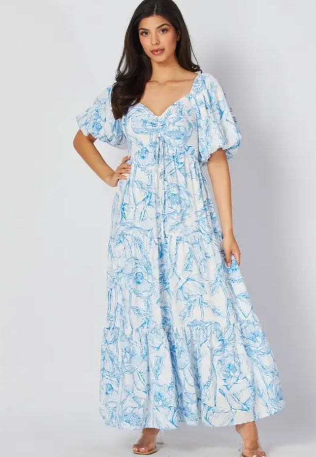 Blue Floral Cinched Tie Maxi Dress