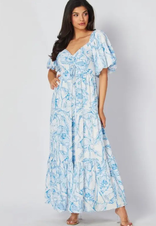 Blue Floral Cinched Tie Maxi Dress