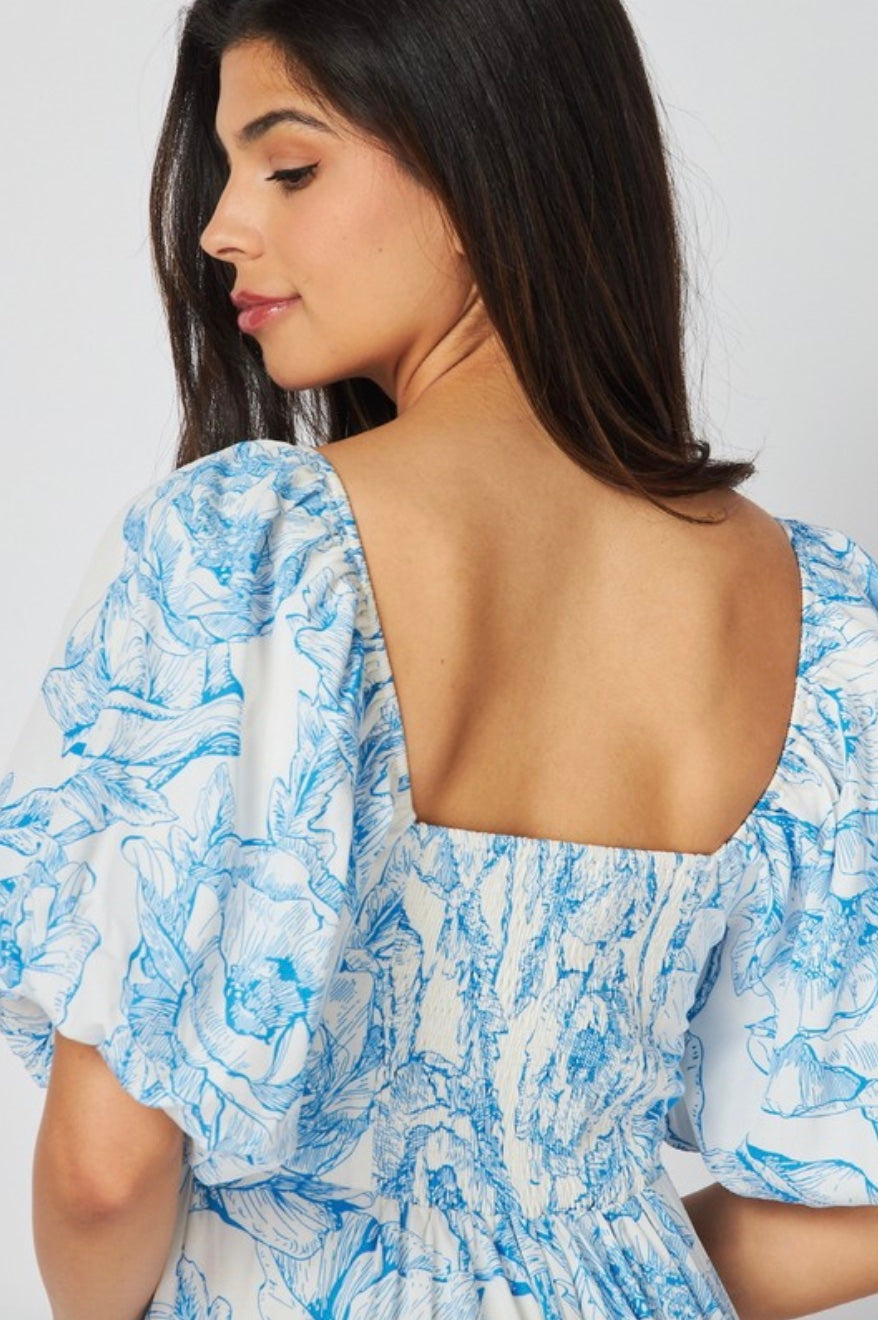 Blue Floral Cinched Tie Maxi Dress