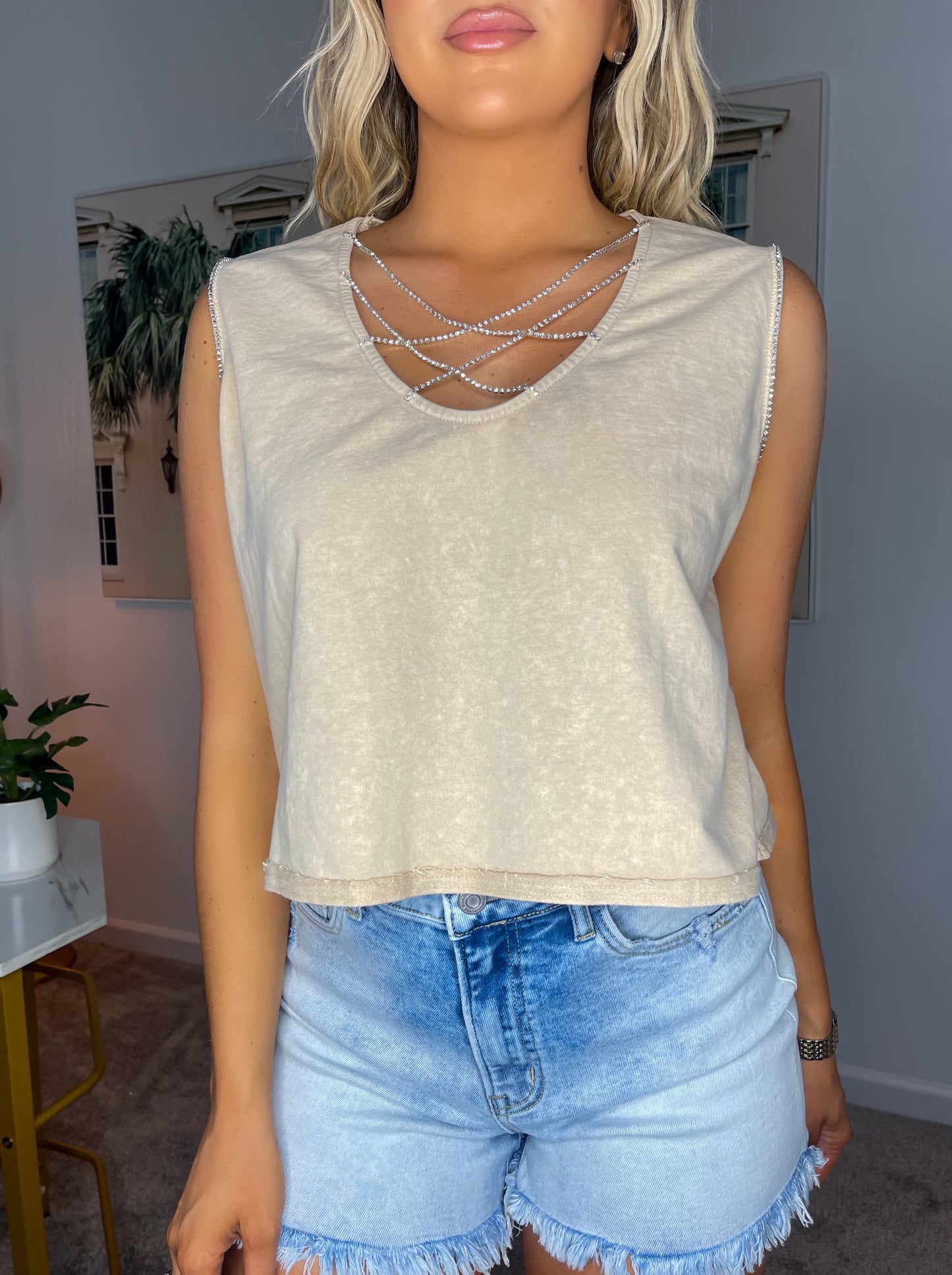 Mineral-Washed Rhinestone Tank-Top