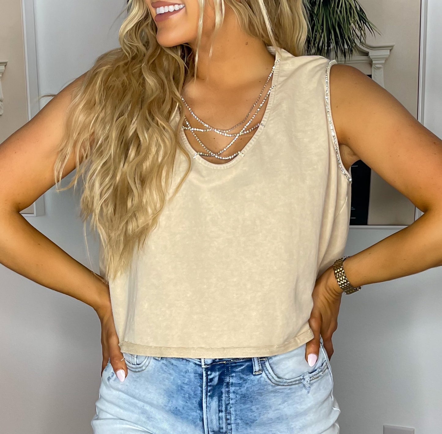 Mineral-Washed Rhinestone Tank-Top