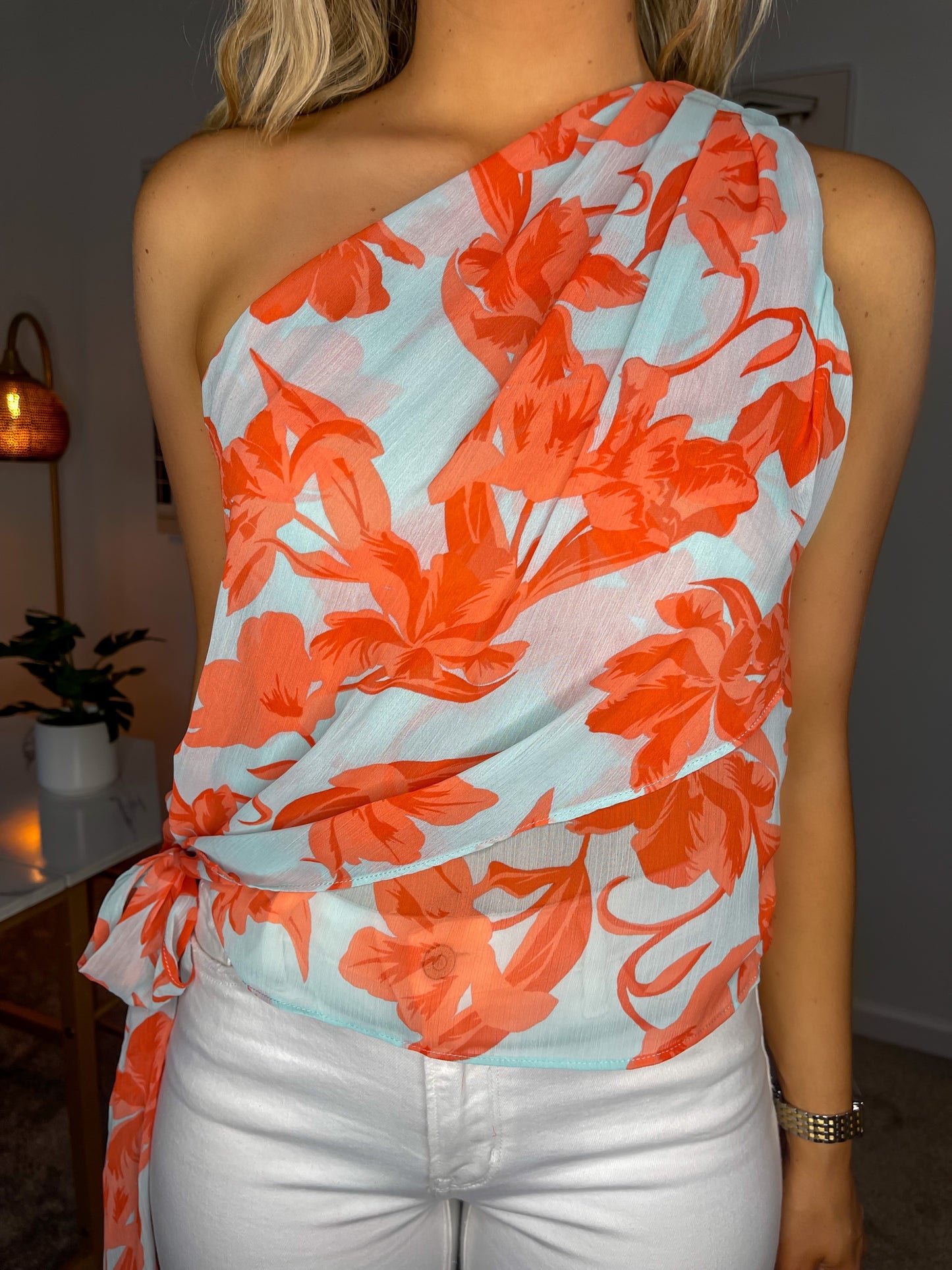 Aqua and Coral One-Shoulder Top