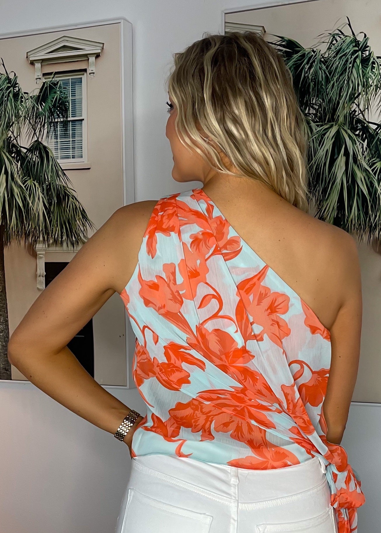 Aqua and Coral One-Shoulder Top