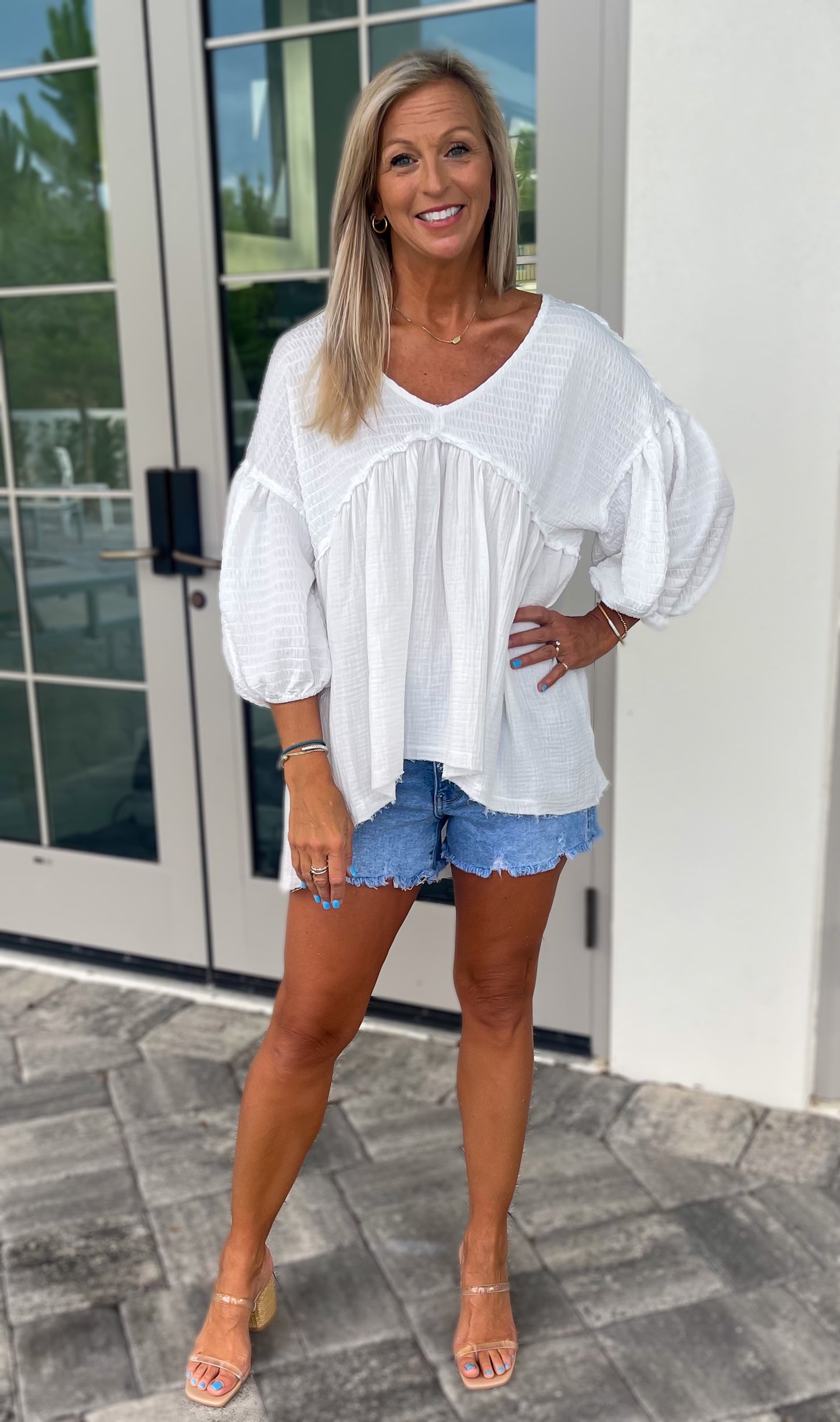 Textured Babydoll Top - White