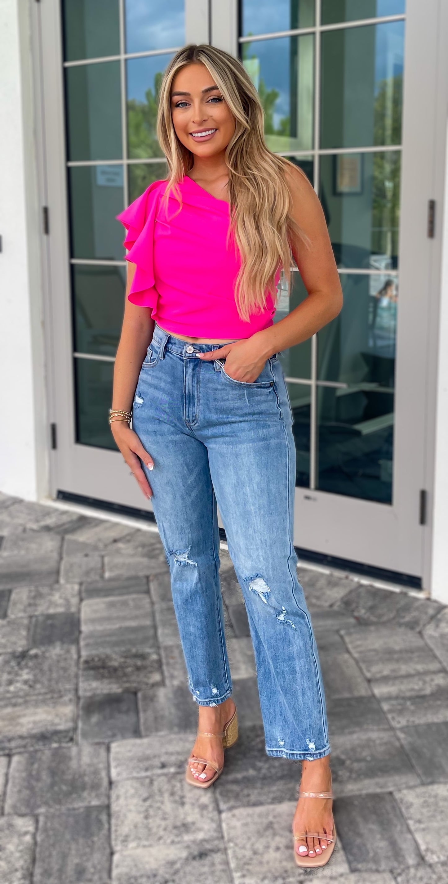 Pleated One-Shoulder Top - Hot Pink