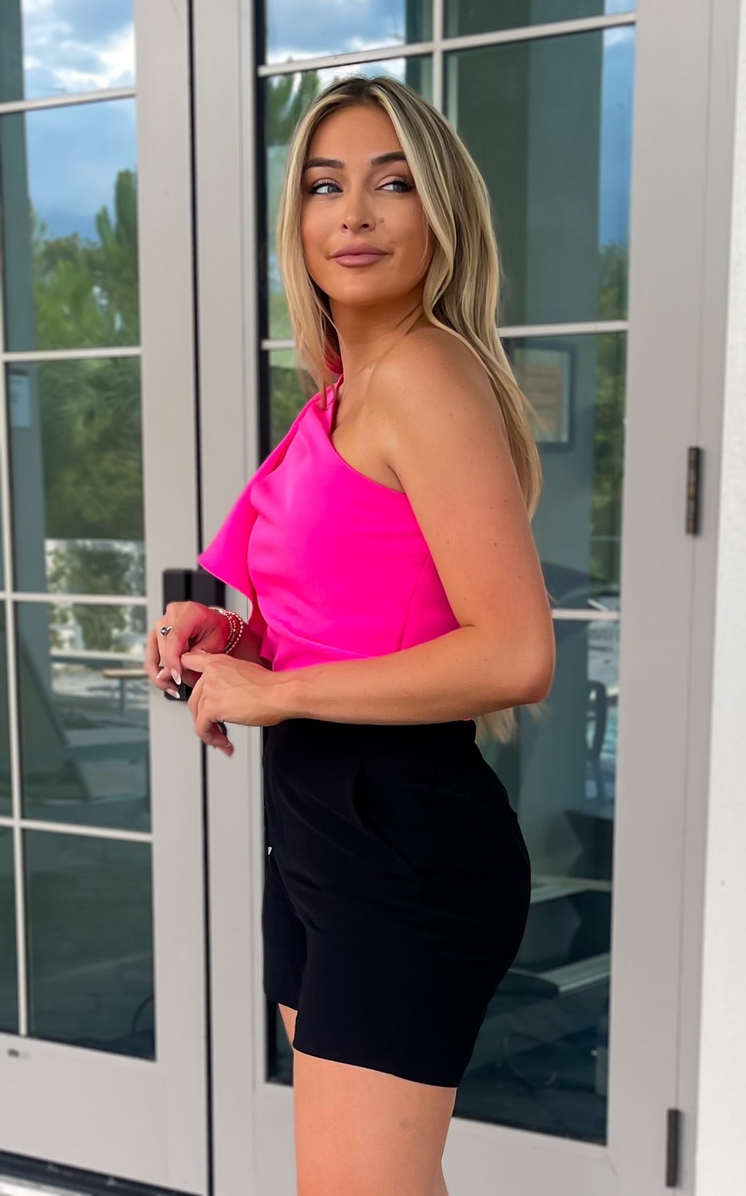 Pleated One-Shoulder Top - Hot Pink