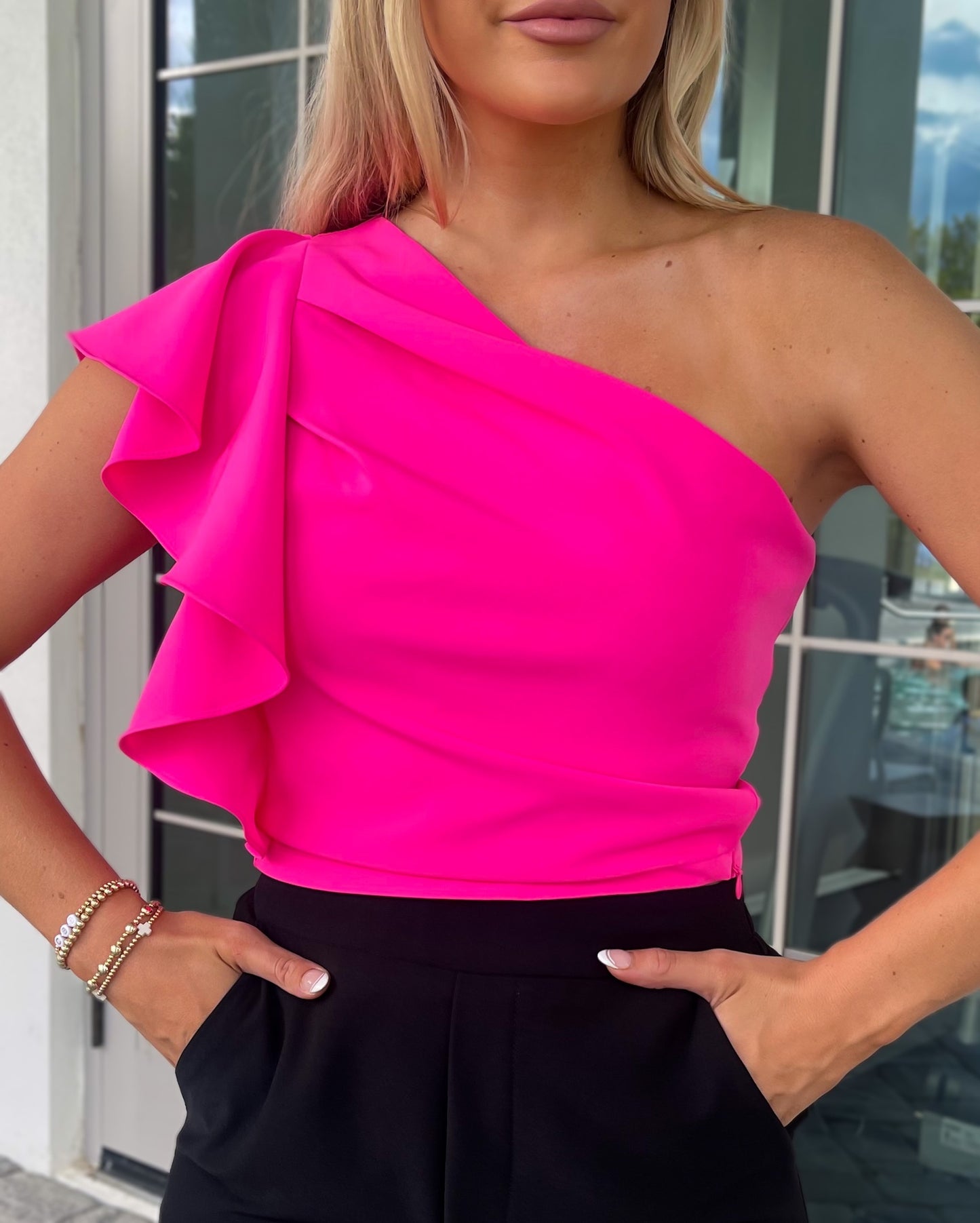 Pleated One-Shoulder Top - Hot Pink