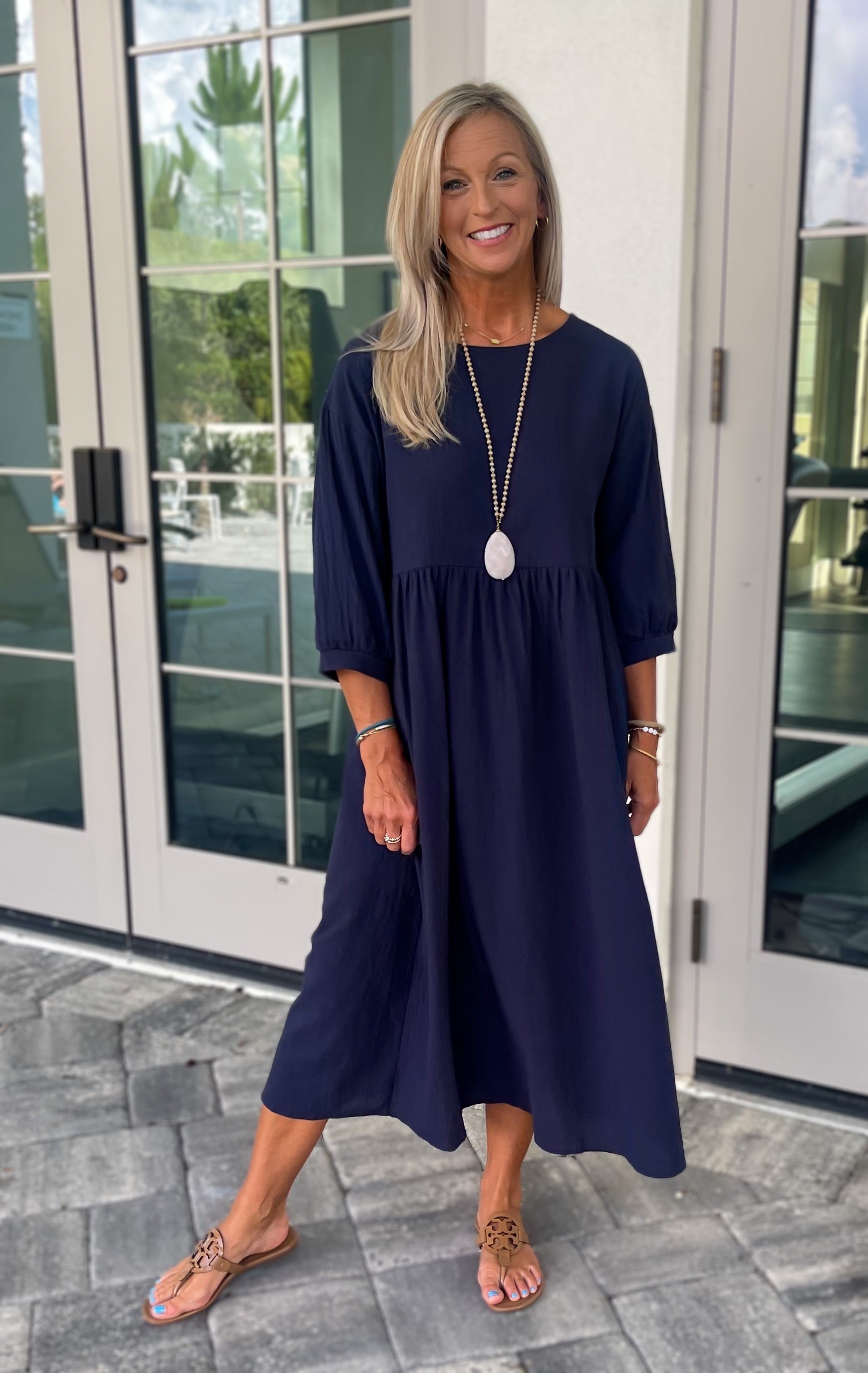 blue lantern sleeve dress Notched Lantern Sleeve Dress Navy Blue / S