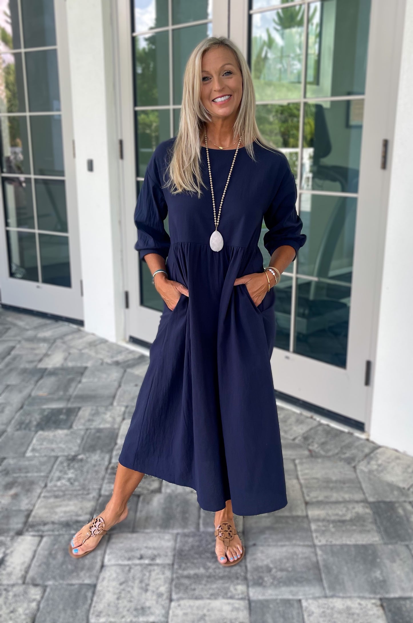 Lantern Sleeve Woven Dress - Navy