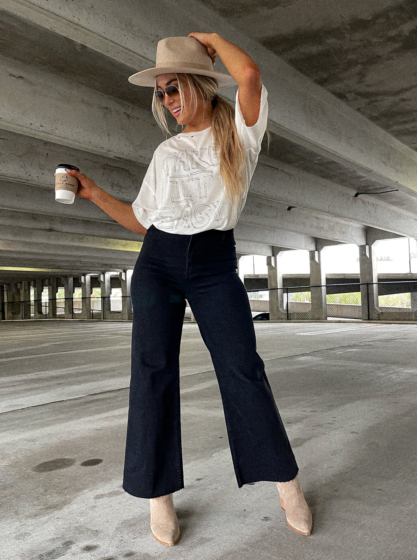 Wide Leg Denim Pants - Black
