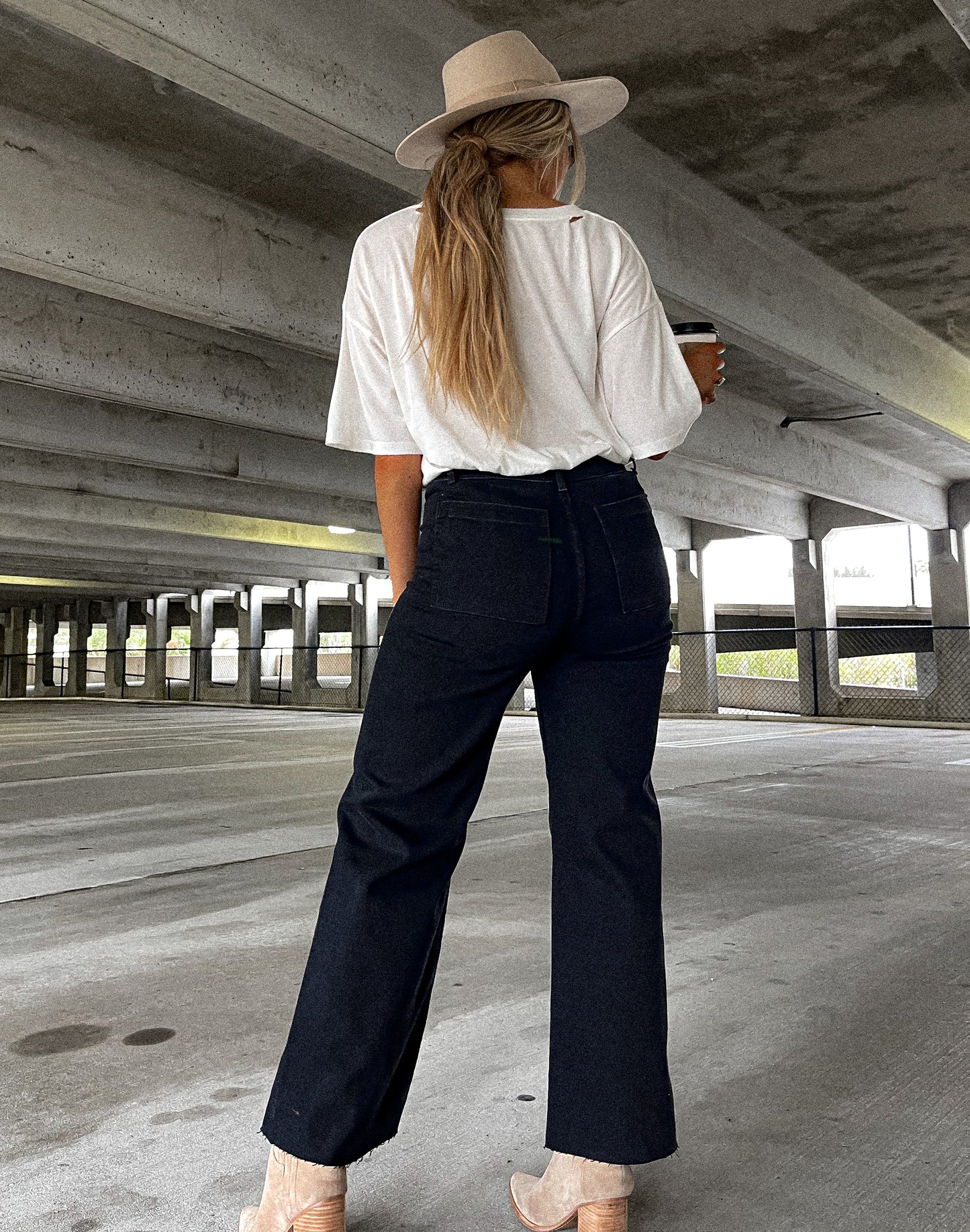 Wide Leg Denim Pants - Black