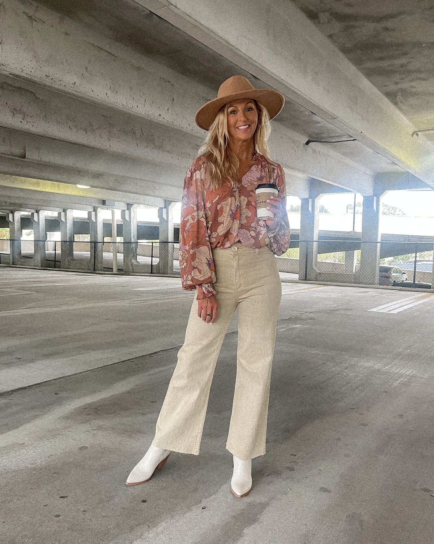 Wide Leg Denim Pants - Beige