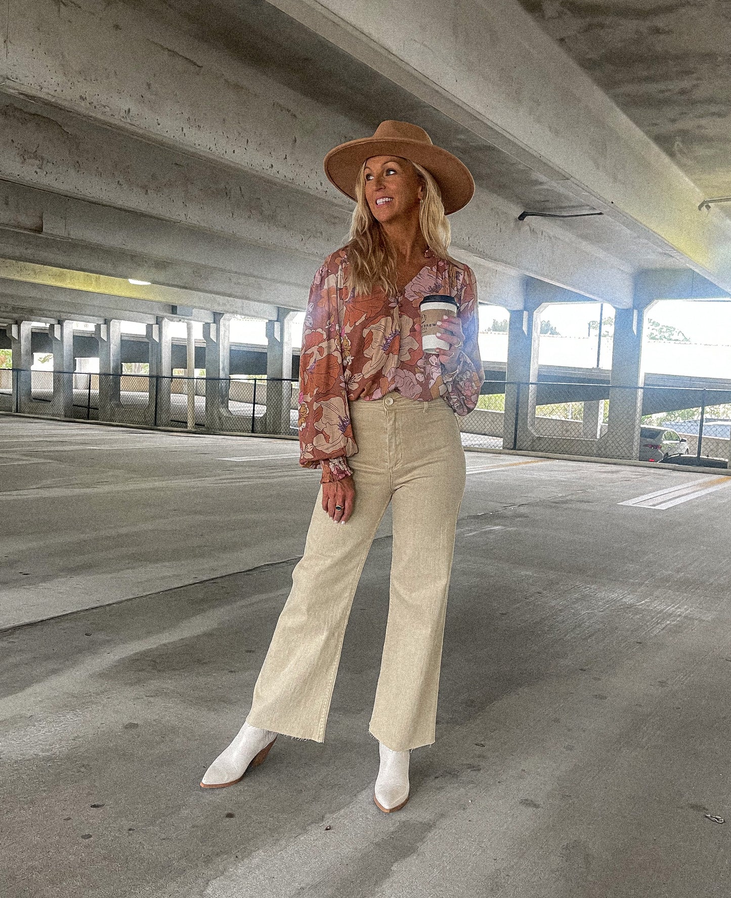 Wide Leg Denim Pants - Beige