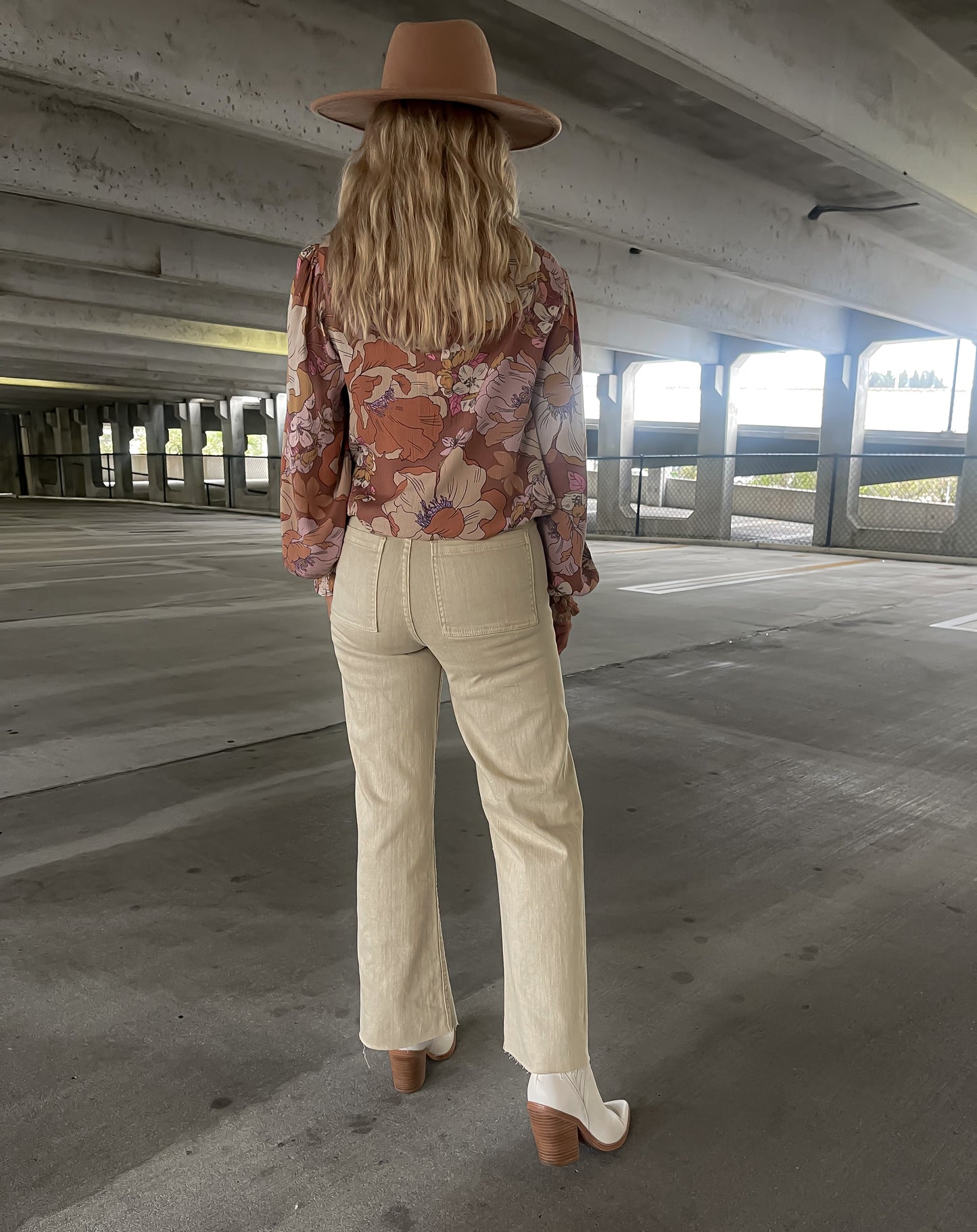 Wide Leg Denim Pants - Beige