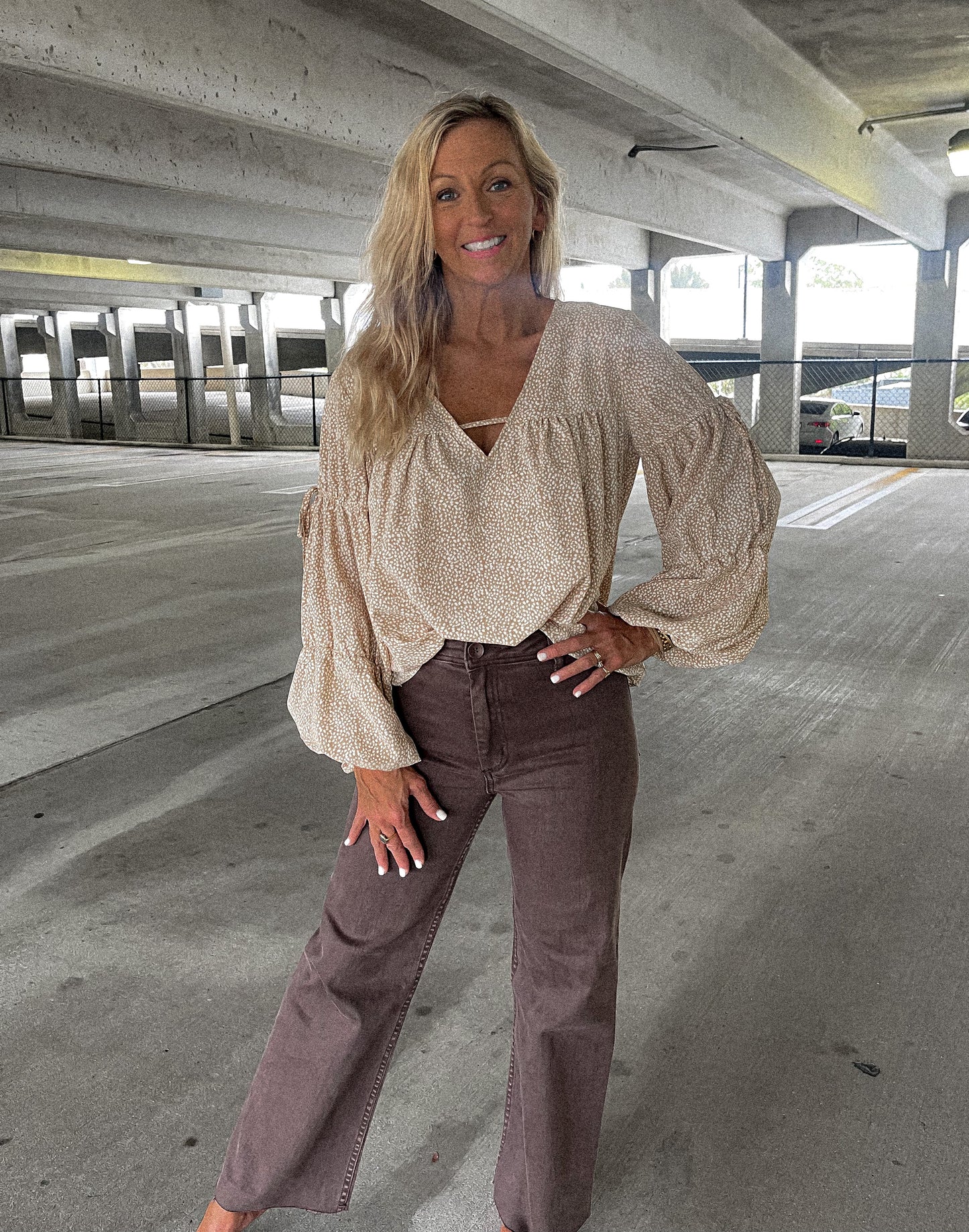 Taupe and White Printed Top