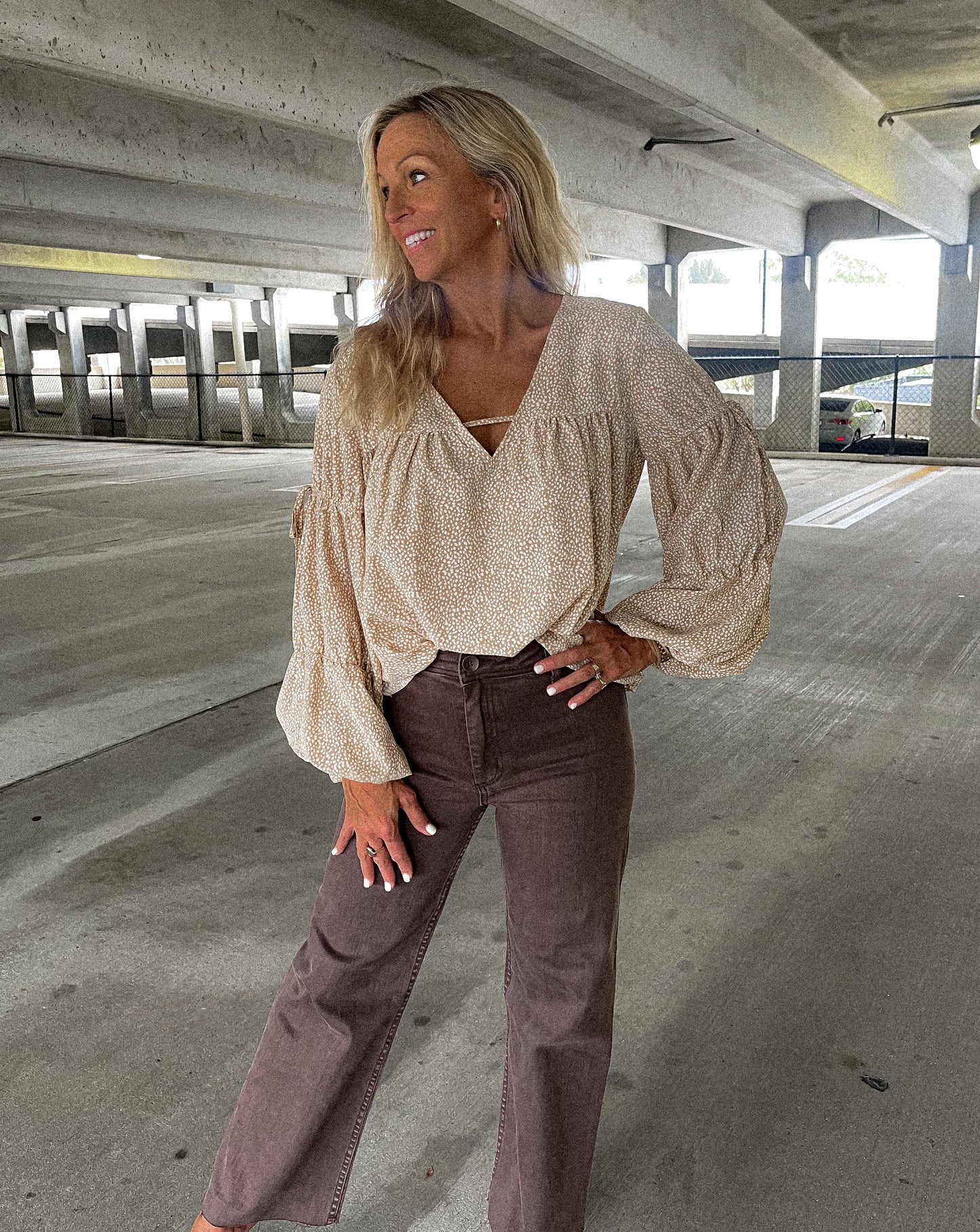 Taupe and White Printed Top