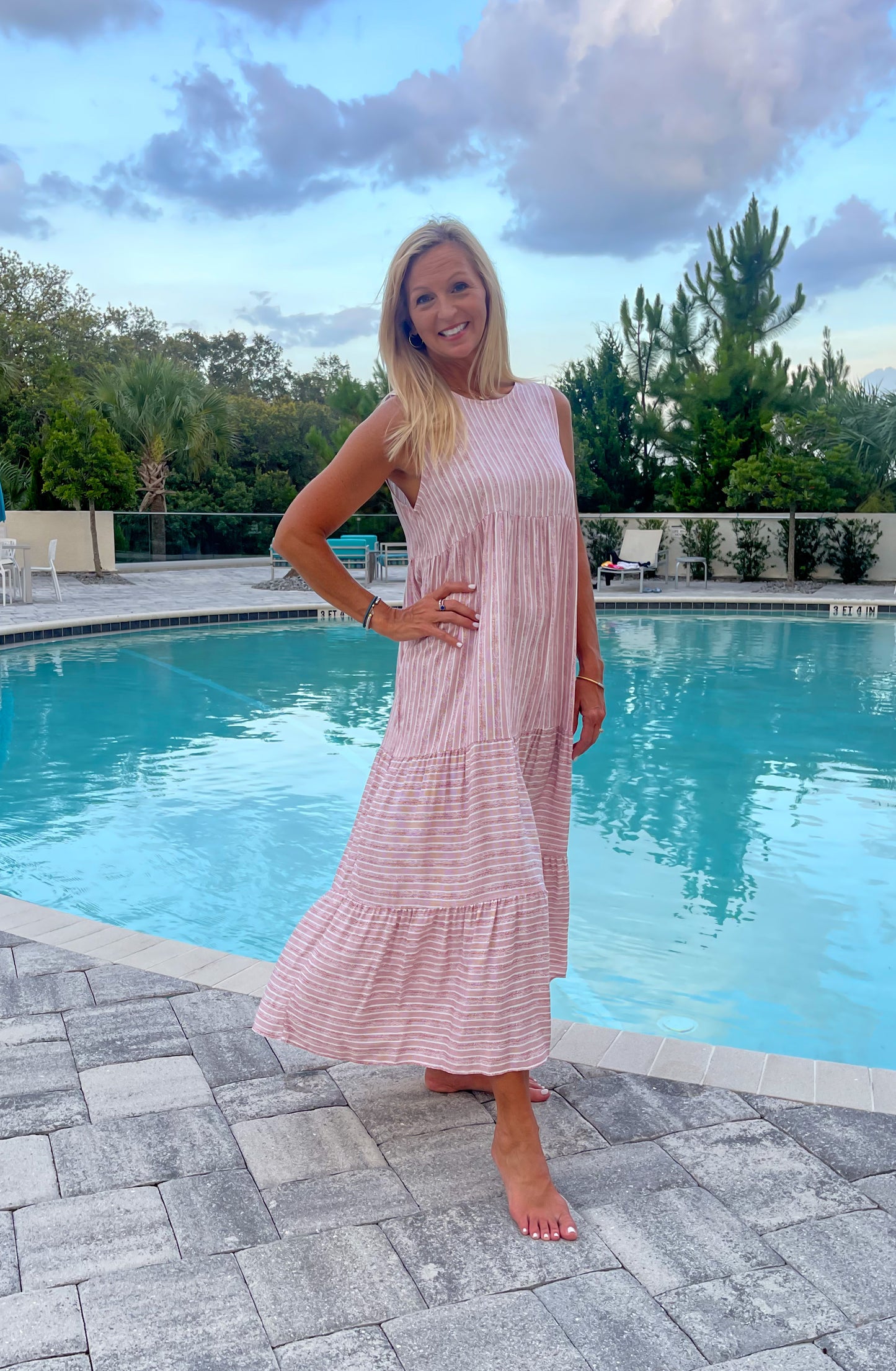 Rose Stripe Tiered Midi Dress