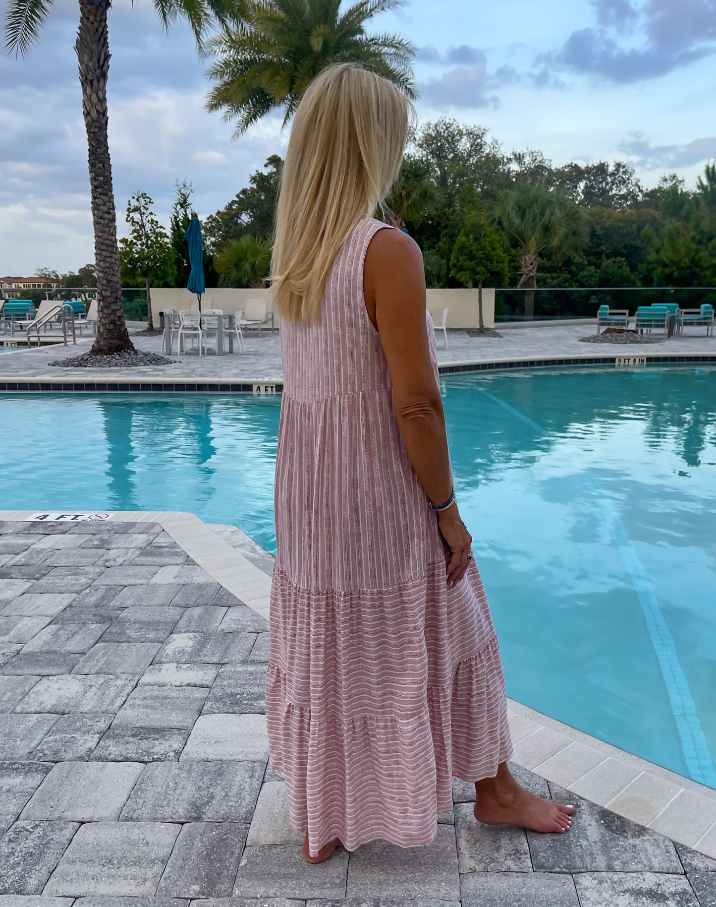 Rose Stripe Tiered Midi Dress