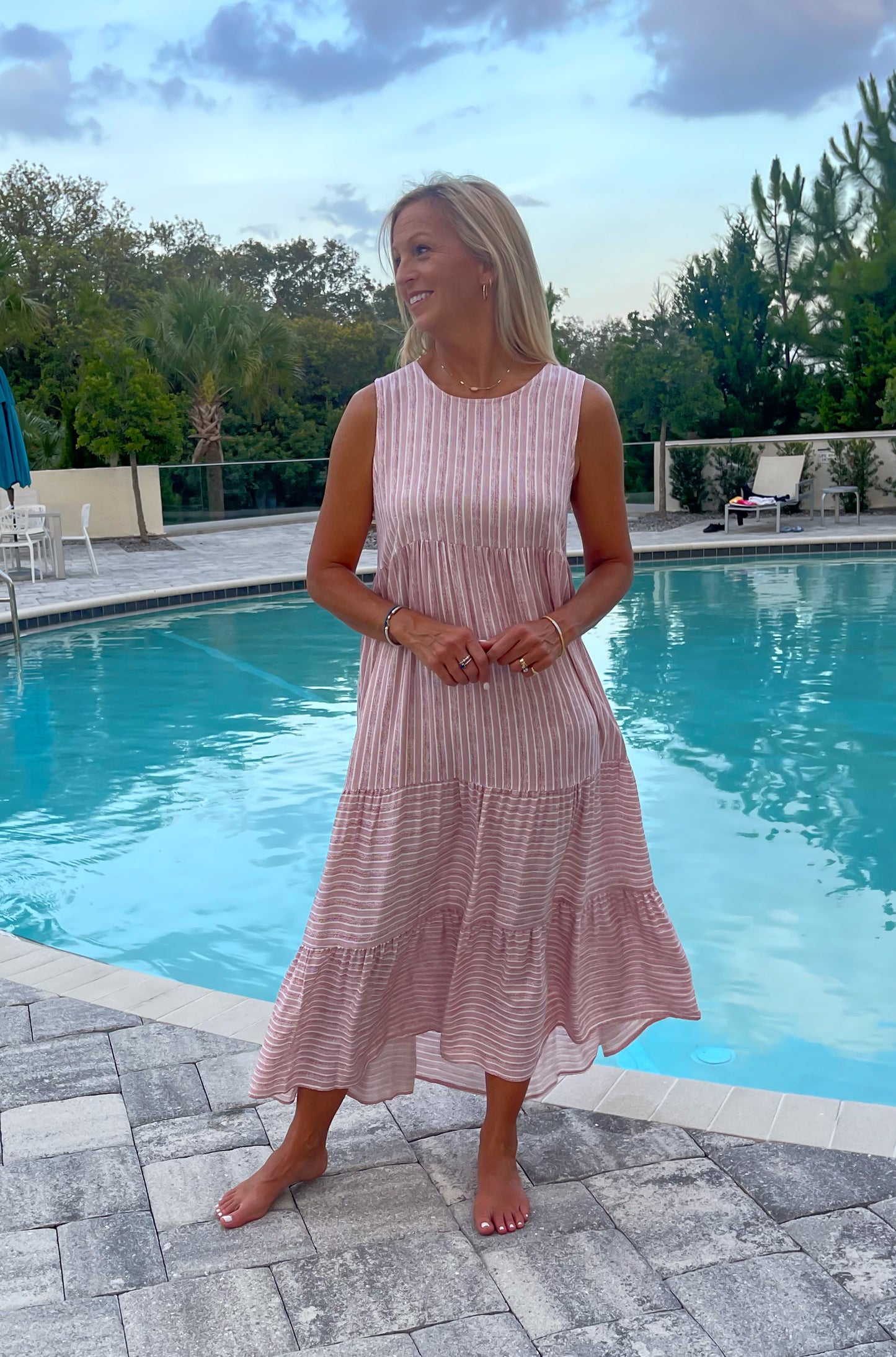 Rose Stripe Tiered Midi Dress