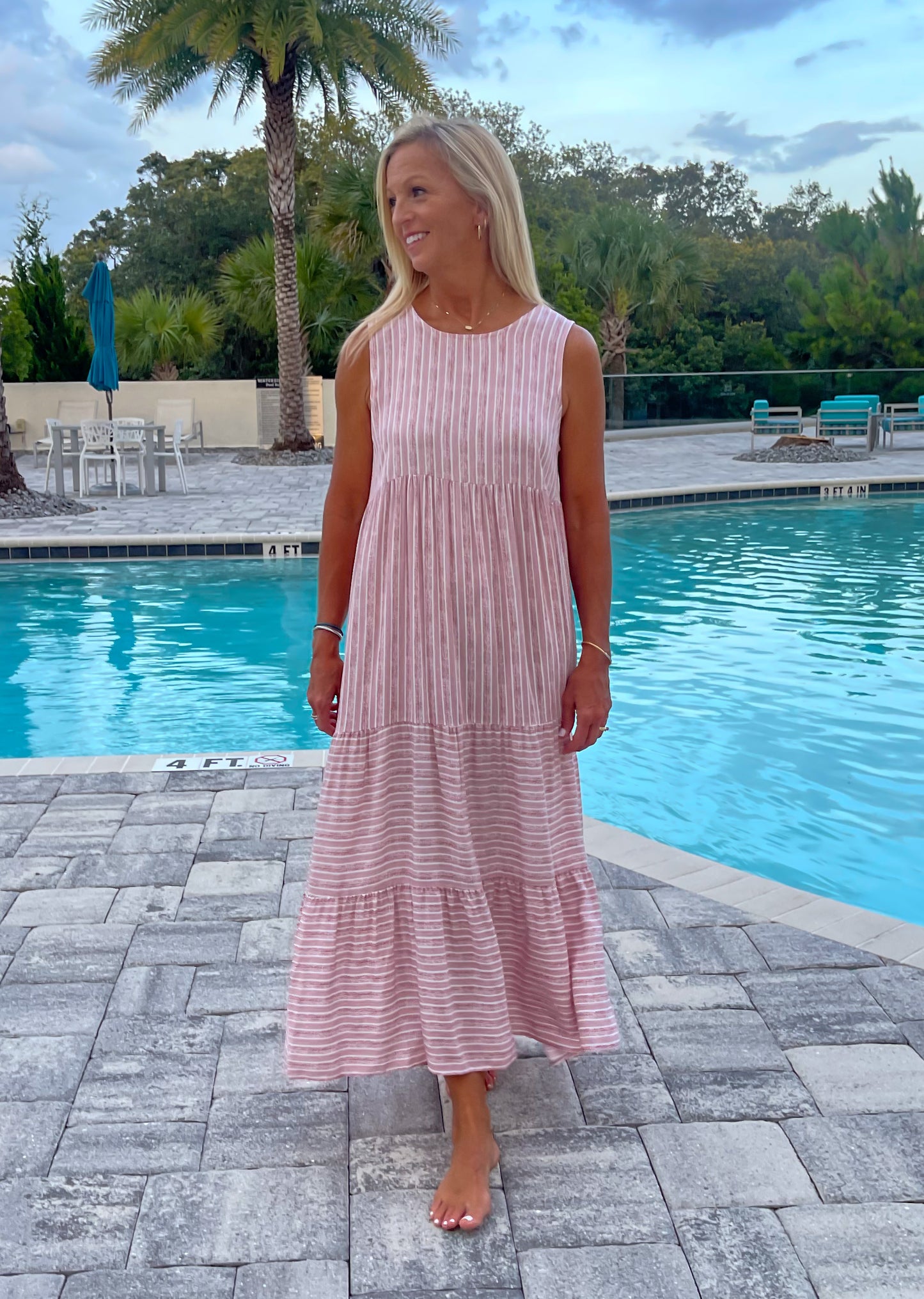 Rose Stripe Tiered Midi Dress