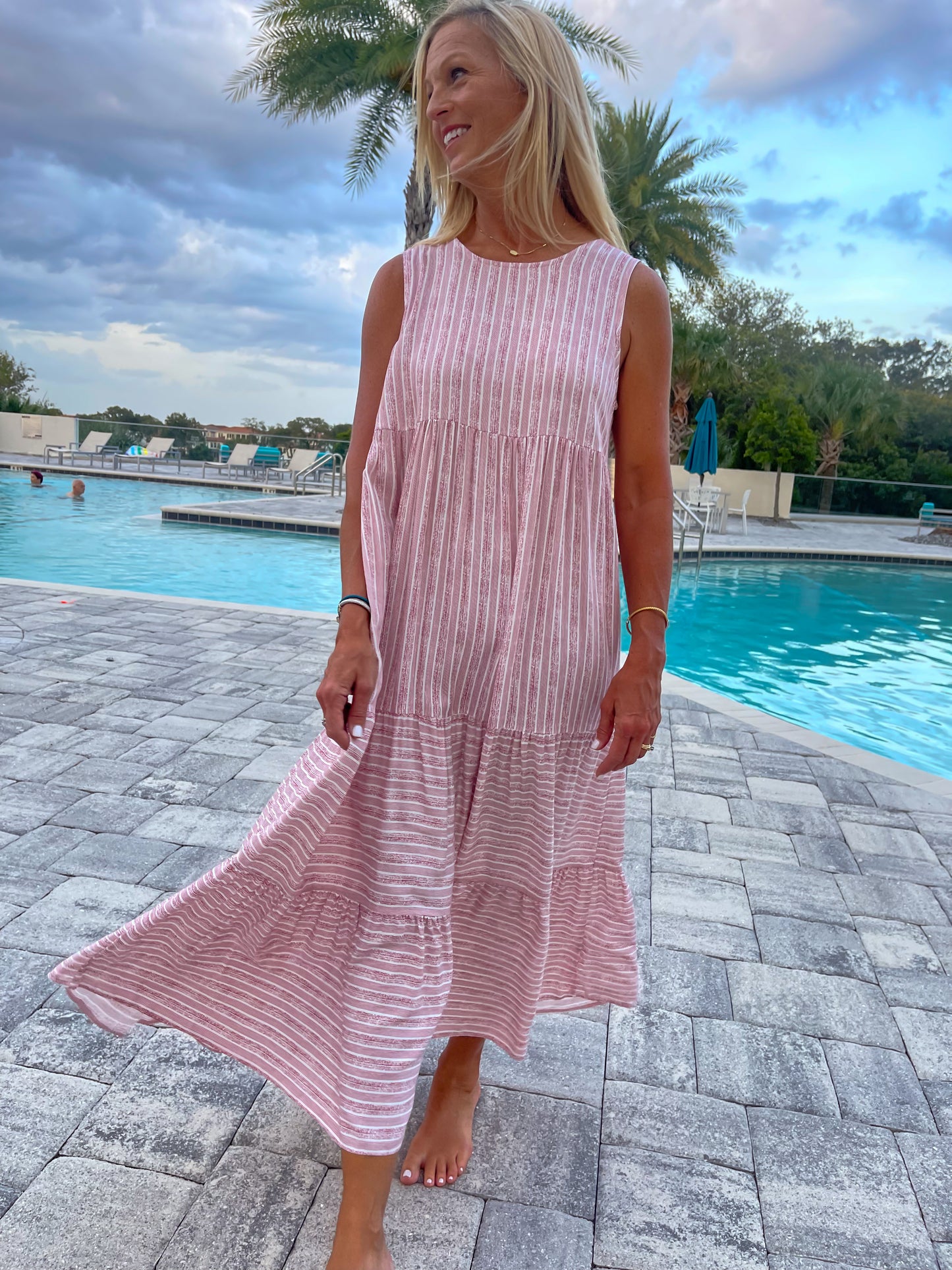 Rose Stripe Tiered Midi Dress