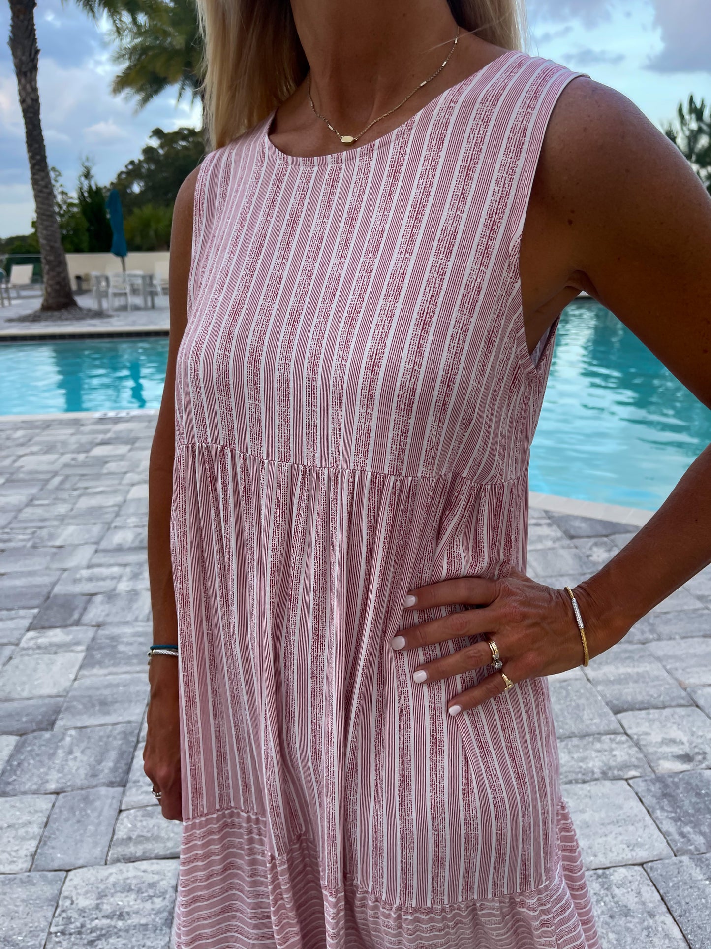 Rose Stripe Tiered Midi Dress