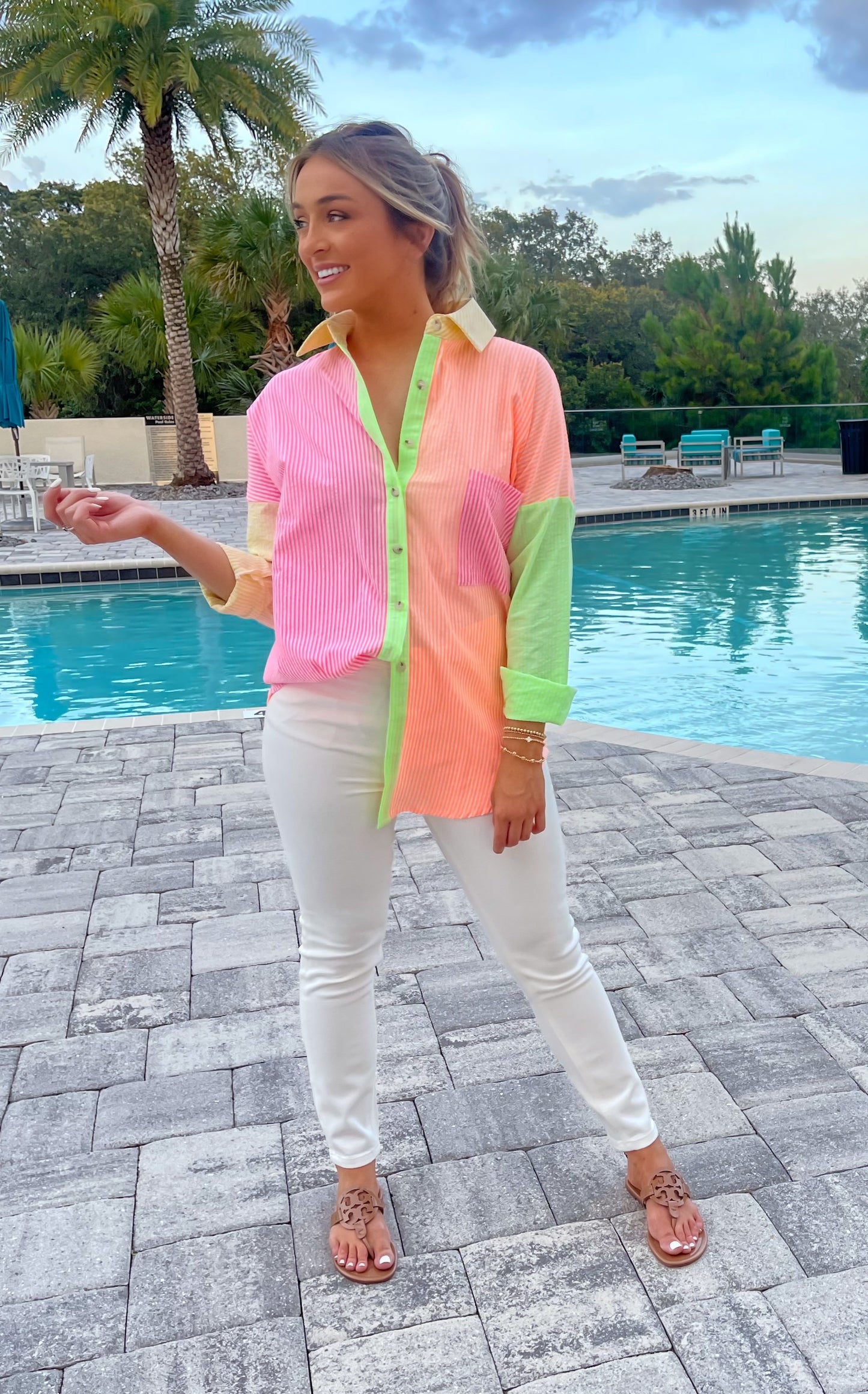Neon Stripe Button Down Top