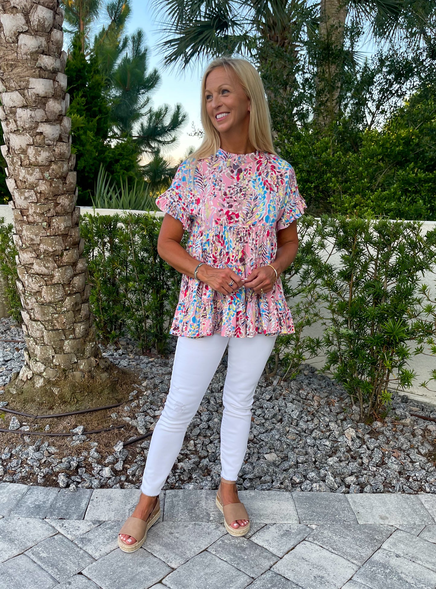 Pink Print Ruffle Sleeve Babydoll Top