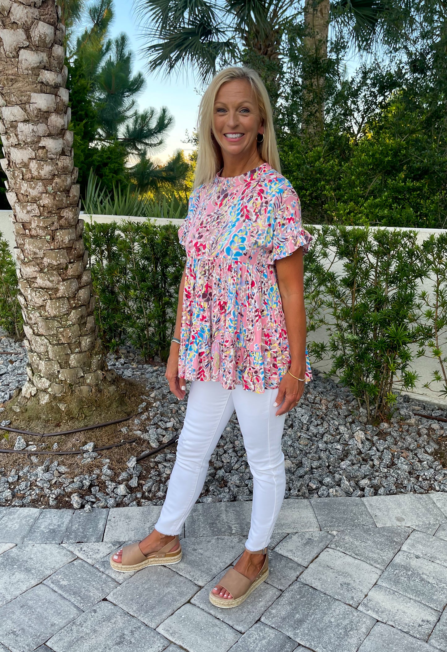 Pink Print Ruffle Sleeve Babydoll Top