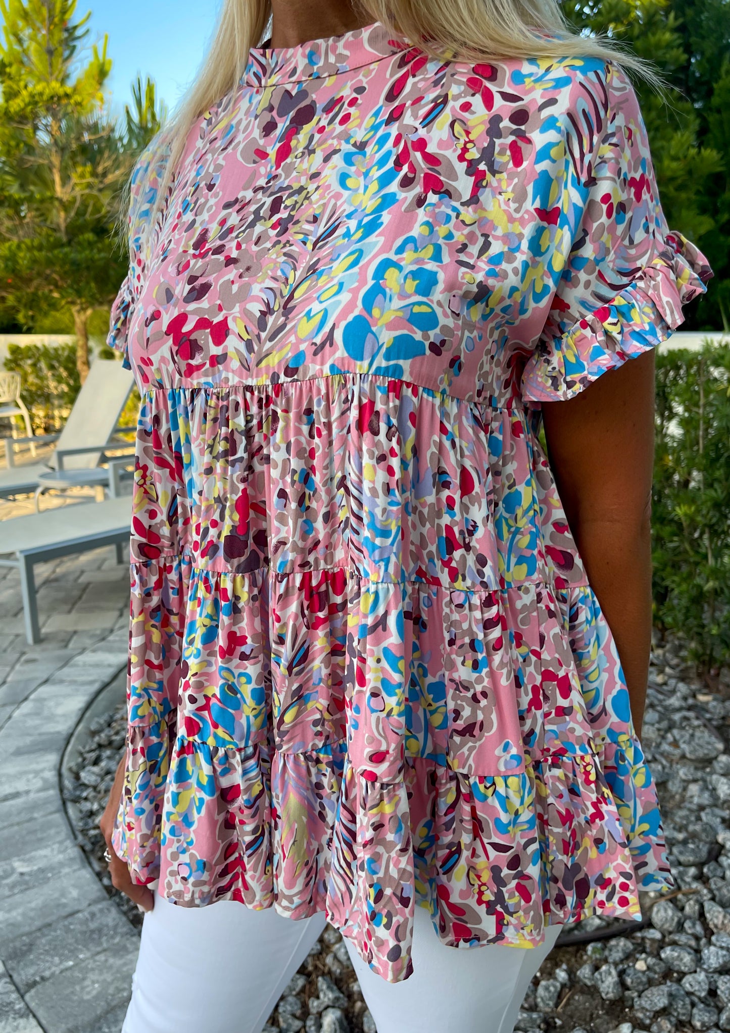 Pink Print Ruffle Sleeve Babydoll Top
